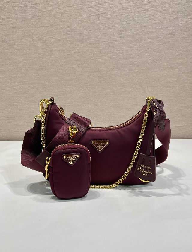 Prada original nylon re-edition 2005 hobo bag 1BH204 burgundy