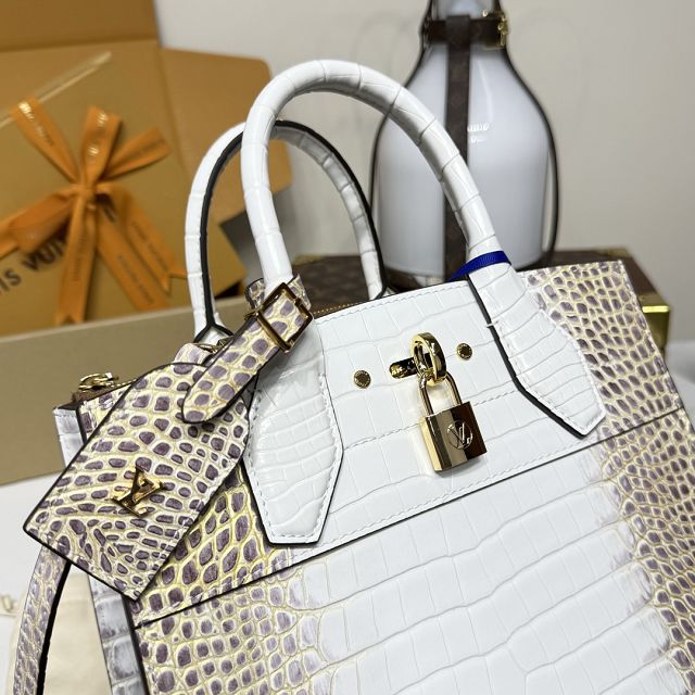 Louis vuitton original crocodile calfskin city steamer mm bag M84672 white&gold