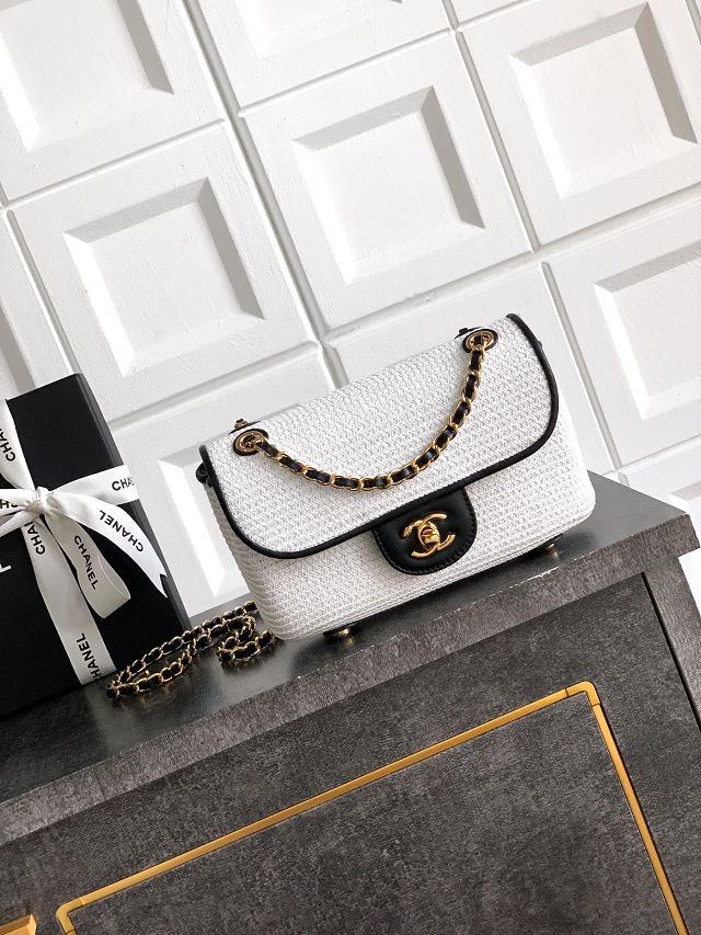 CC original straw small flap bag AS6017 beige&white