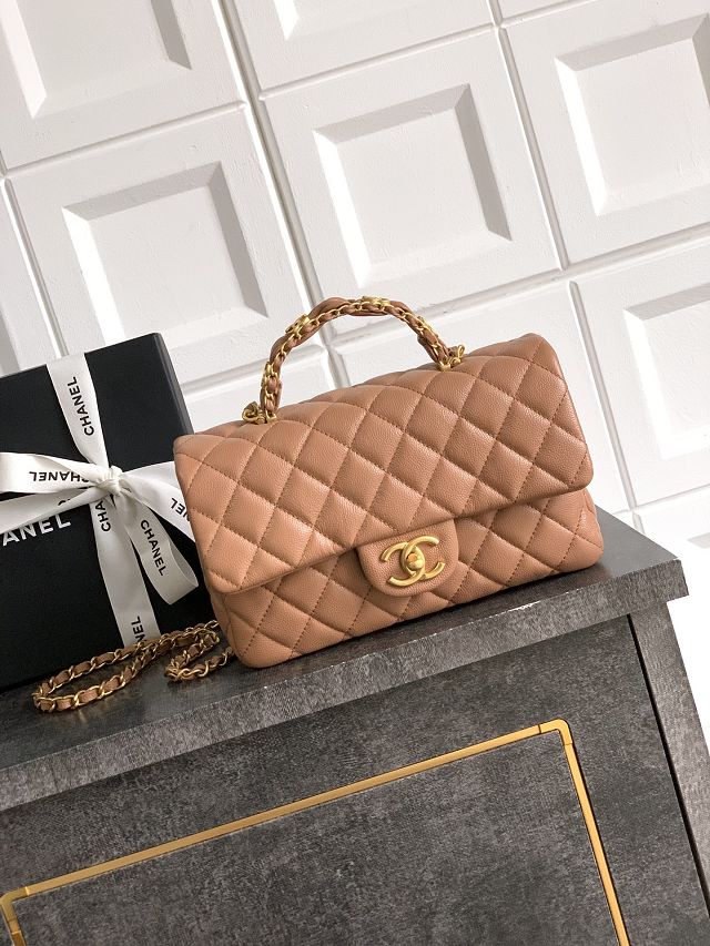 CC original grained calfskin top handle flap bag AS5702 caramel