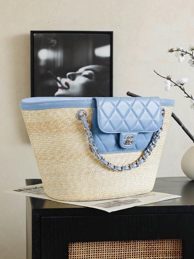 CC straw large tote bag AS5952 beige&blue