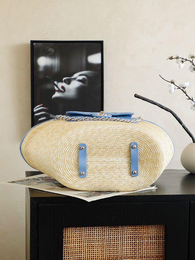CC straw large tote bag AS5952 beige&blue