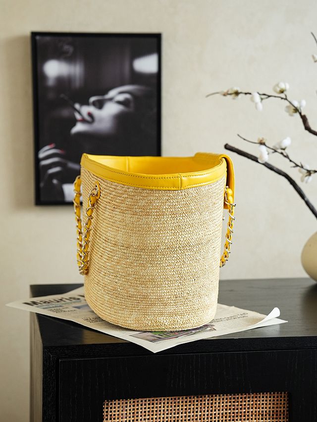 CC straw large tote bag AS5952 beige&yellow