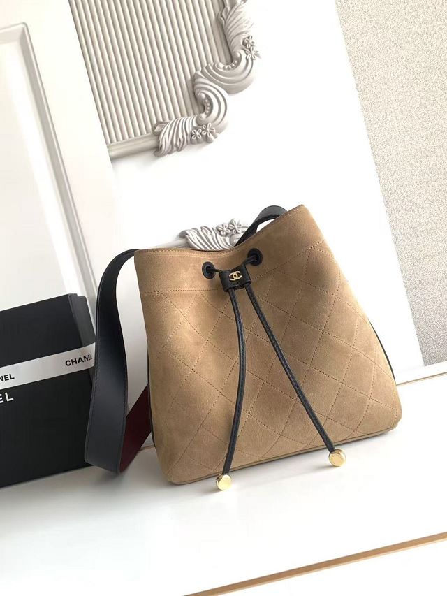 CC suede calfskin small bucket bag AS6584 dark beige