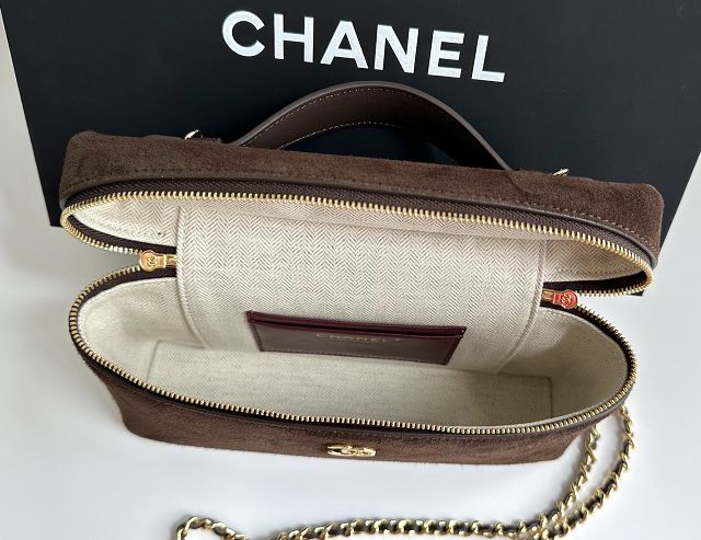 CC suede calfskin large vanity with chain AP5347 dark brown