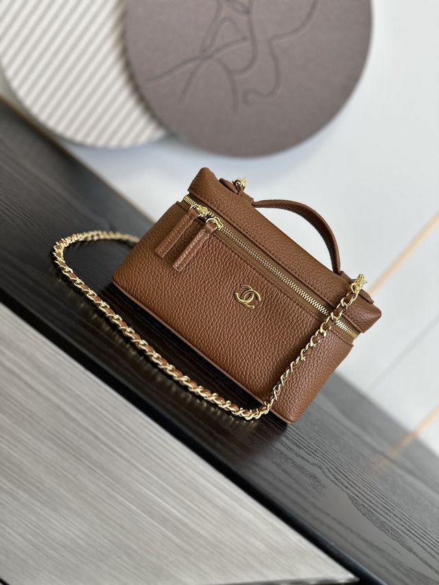 CC grained calfskin small vanity with chain AP5346 brown