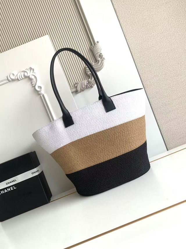 CC raffia large shopping bag AS6148 white&black&brown