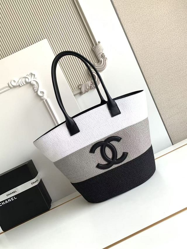 CC raffia large shopping bag AS6148 white&black&grey