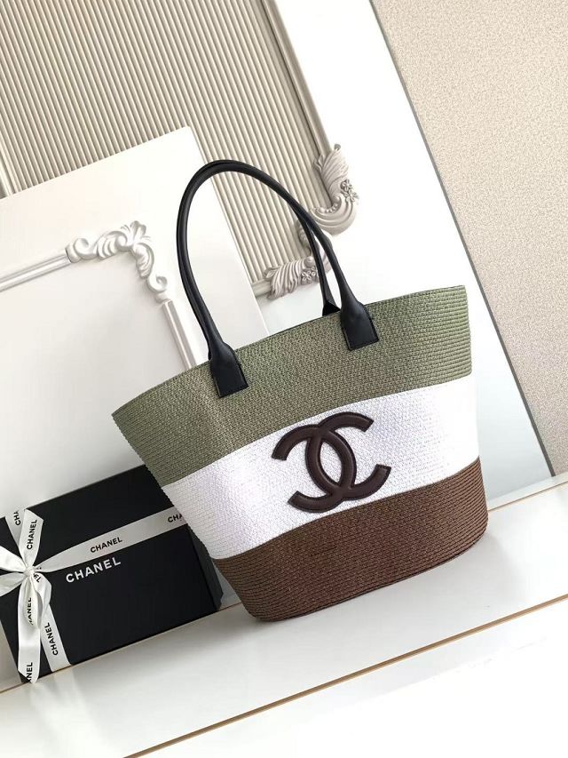 CC raffia large shopping bag AS6148 white&khaki&brown