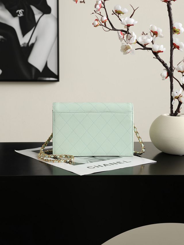 CC grained calfskin wallet on chain AP5455 green