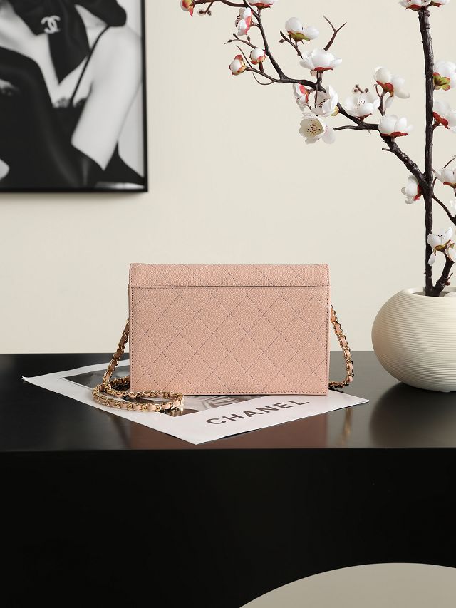 CC grained calfskin wallet on chain AP5455 pink