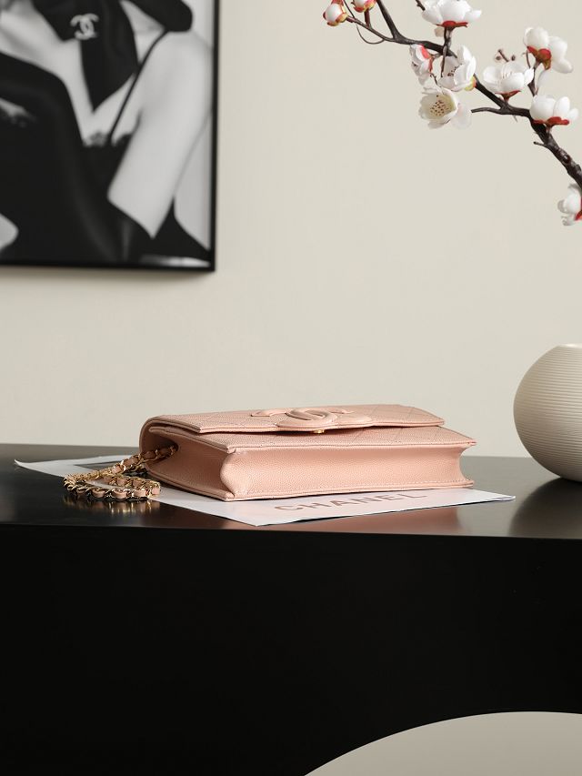 CC grained calfskin wallet on chain AP5455 pink