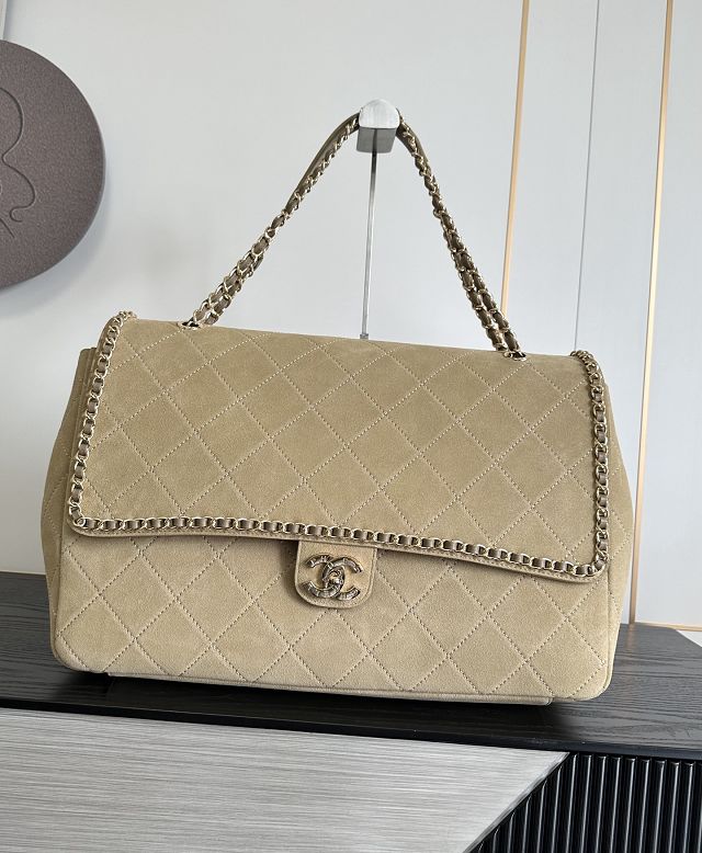 CC suede calfskin maxi flap bag A01111 apricot