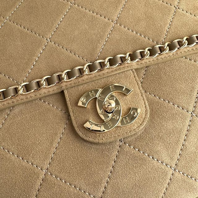 CC suede calfskin maxi flap bag A01111 apricot