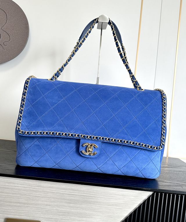 CC suede calfskin maxi flap bag A01111 blue