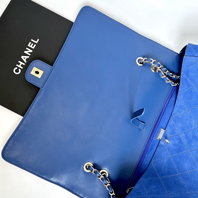 CC suede calfskin maxi flap bag A01111 blue