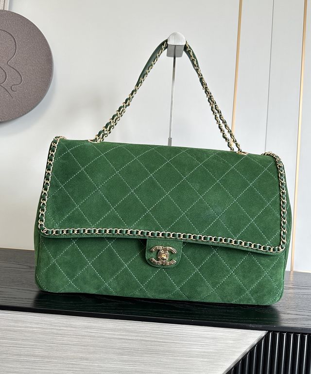 CC suede calfskin maxi flap bag A01111 green