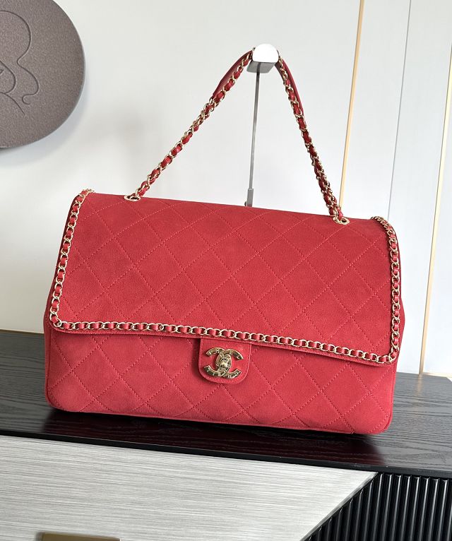 CC suede calfskin maxi flap bag A01111 red