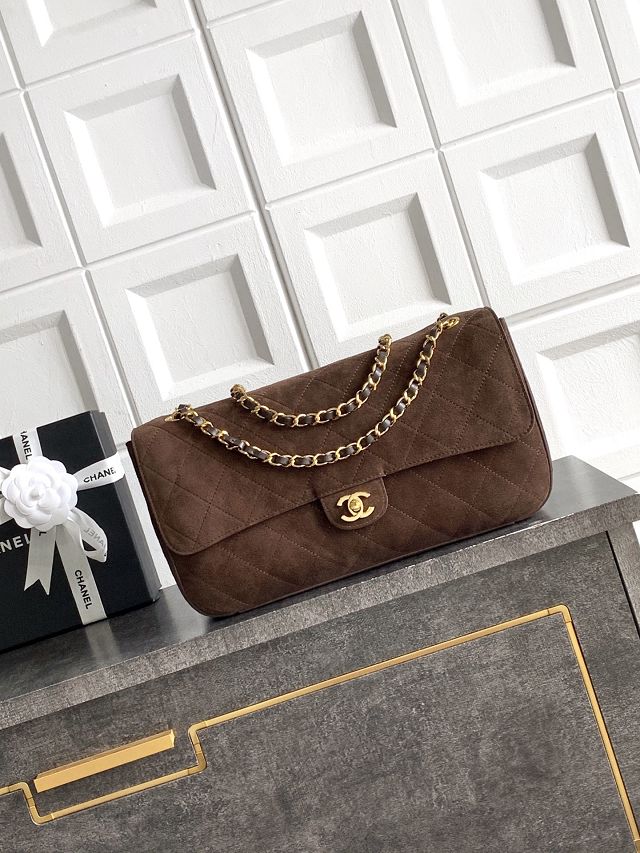 CC suede calfskin maxi flap bag AS6281 dark brown