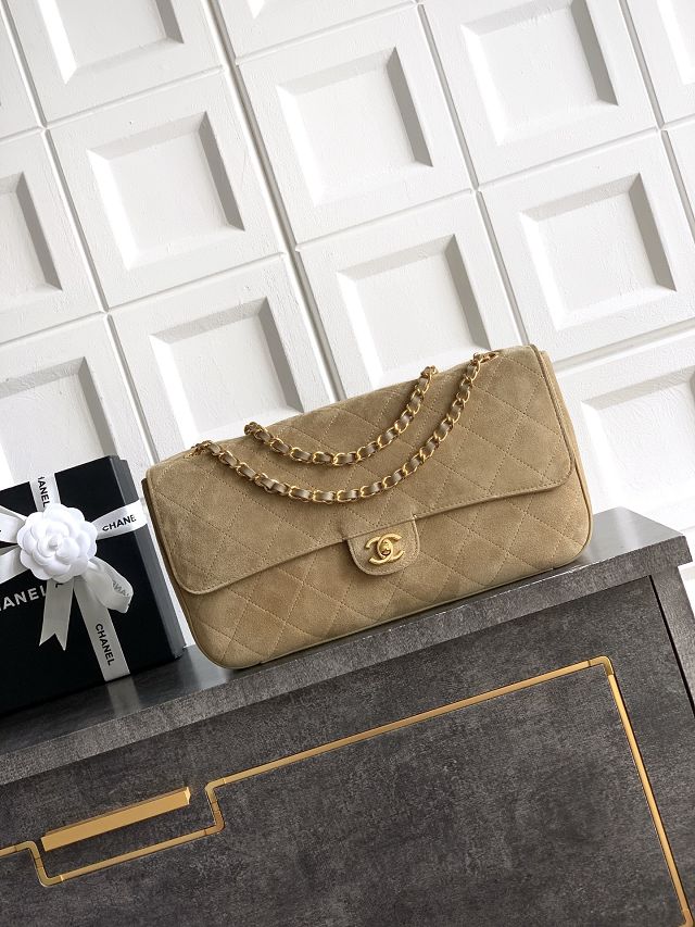 CC suede calfskin maxi flap bag AS6281 light brown