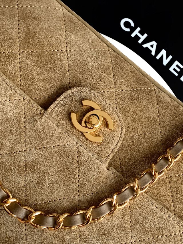 CC suede calfskin maxi flap bag AS6281 light brown