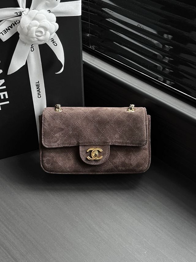 CC suede calfskin mini flap bag AS6281 dark brown