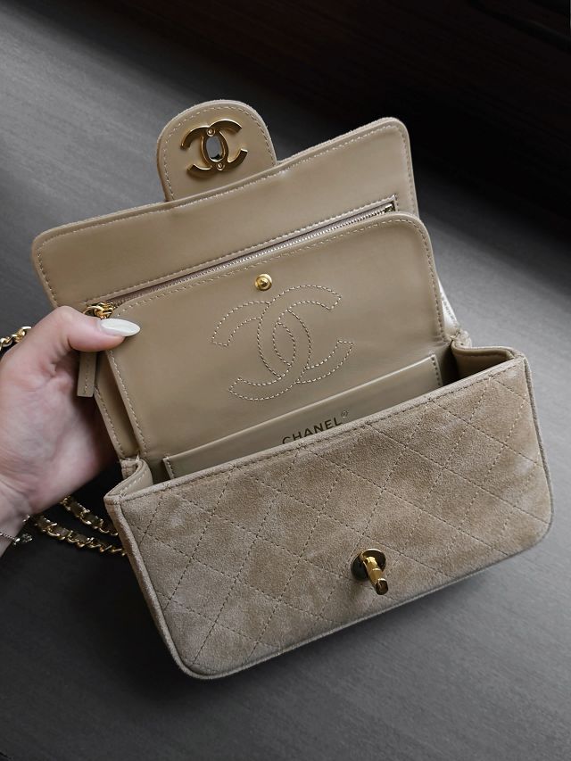 CC suede calfskin mini flap bag AS6281 light brown