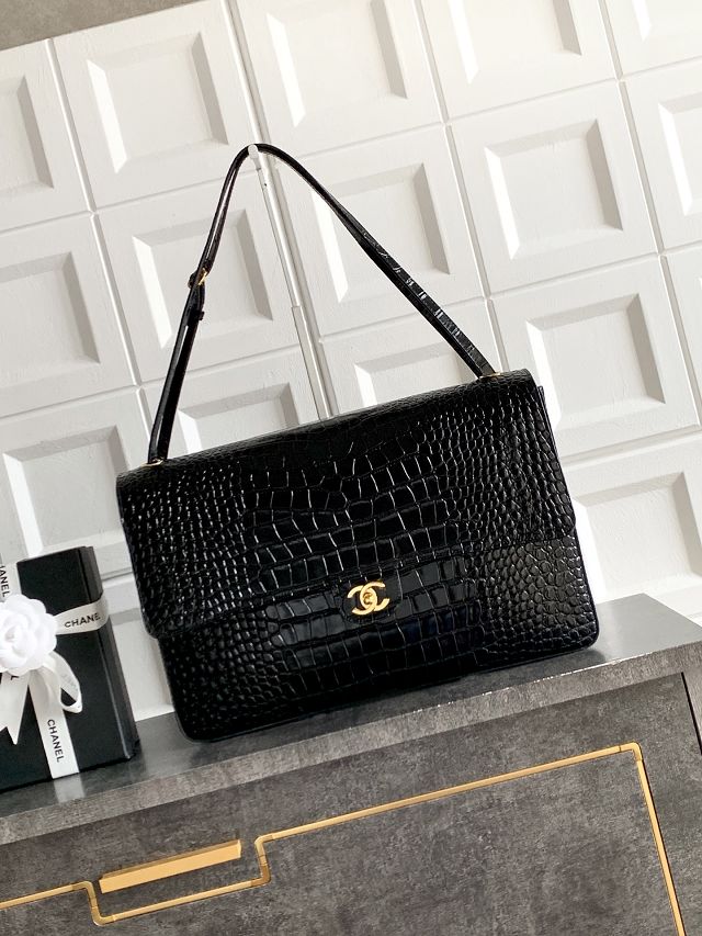 CC crocodile calfskin maxi flap bag AS6233 black